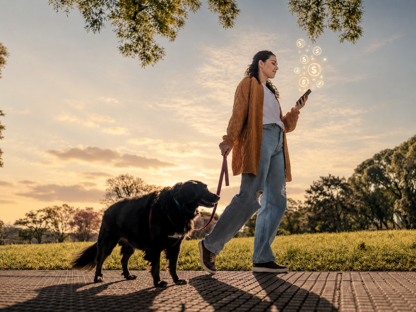 A person walking a dog at sunset while checking health savings on a phone