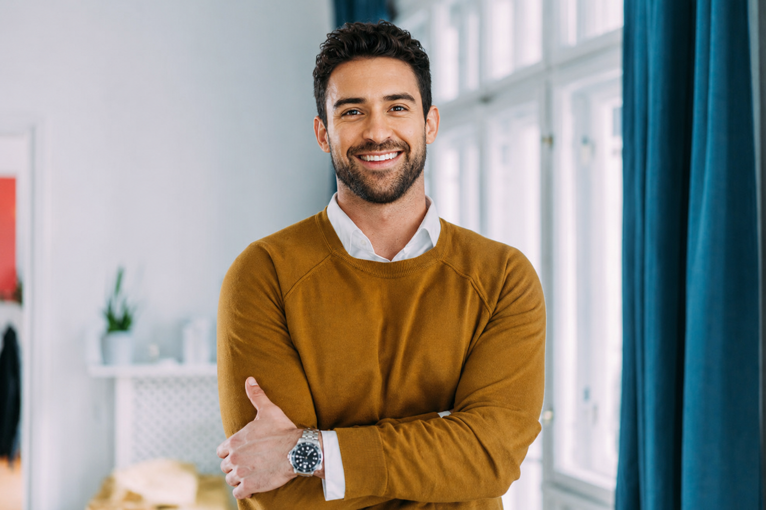 A confident self-employed professional smiling with arms crossed