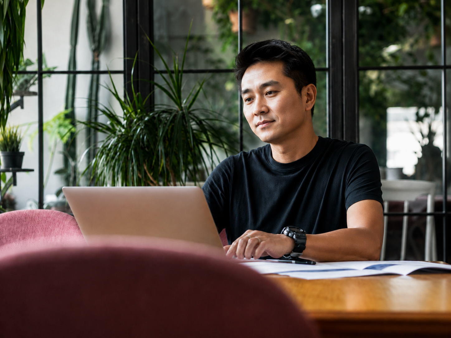 A self-employed professional working on a laptop in a bright shared workspace