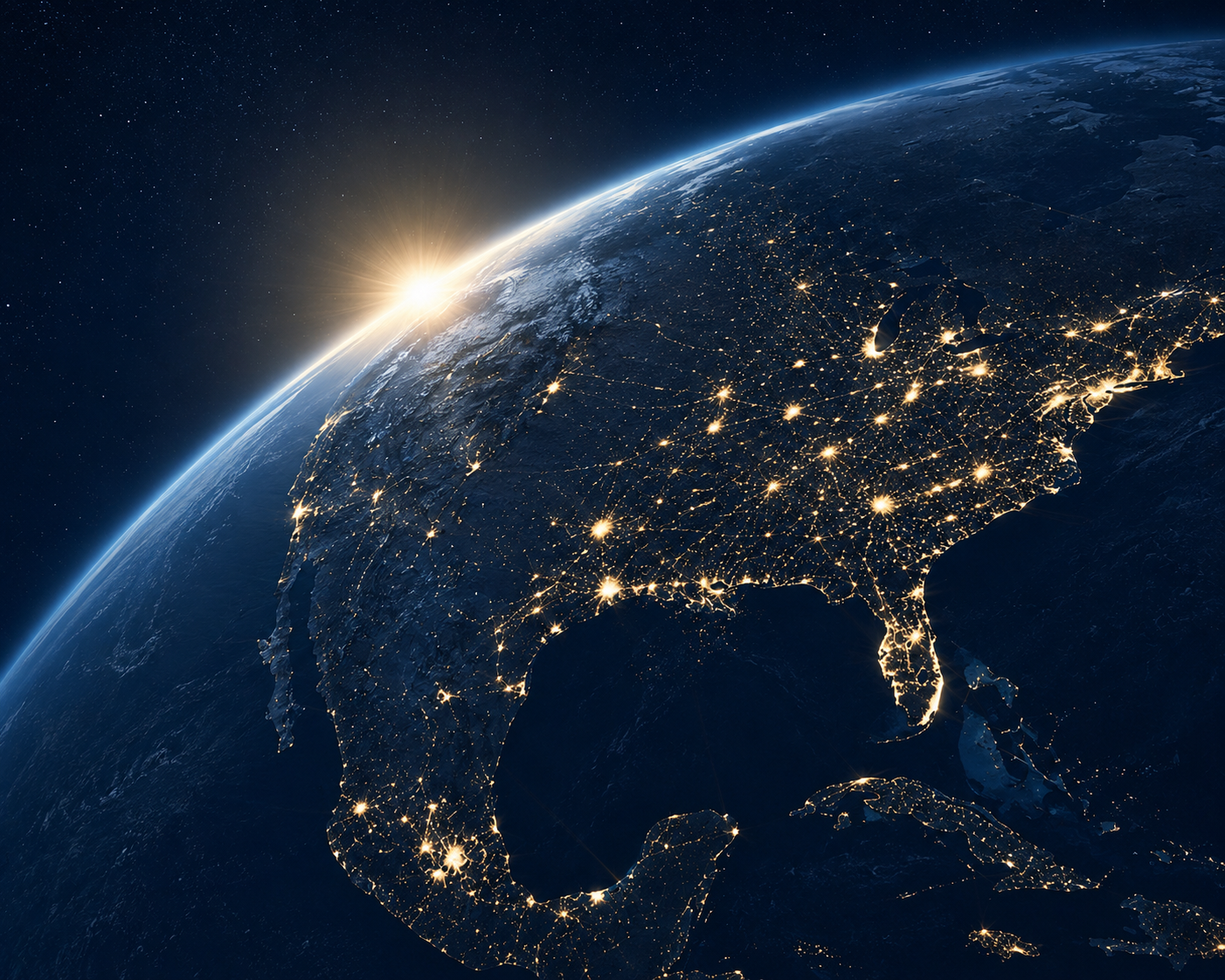 A nighttime view of the United States from space with city lights