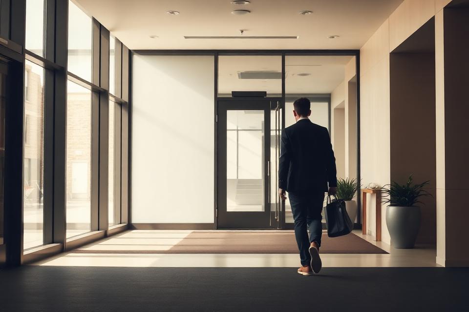 A person walking out of an office building lobby into daylight