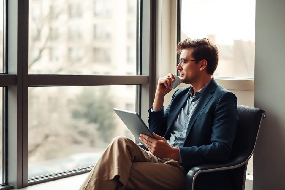 A person sitting by a window with a tablet, thinking