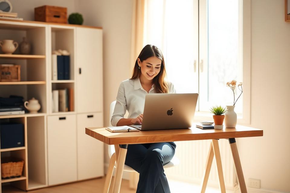 A self-employed woman working at a desk in a sunlit home office
