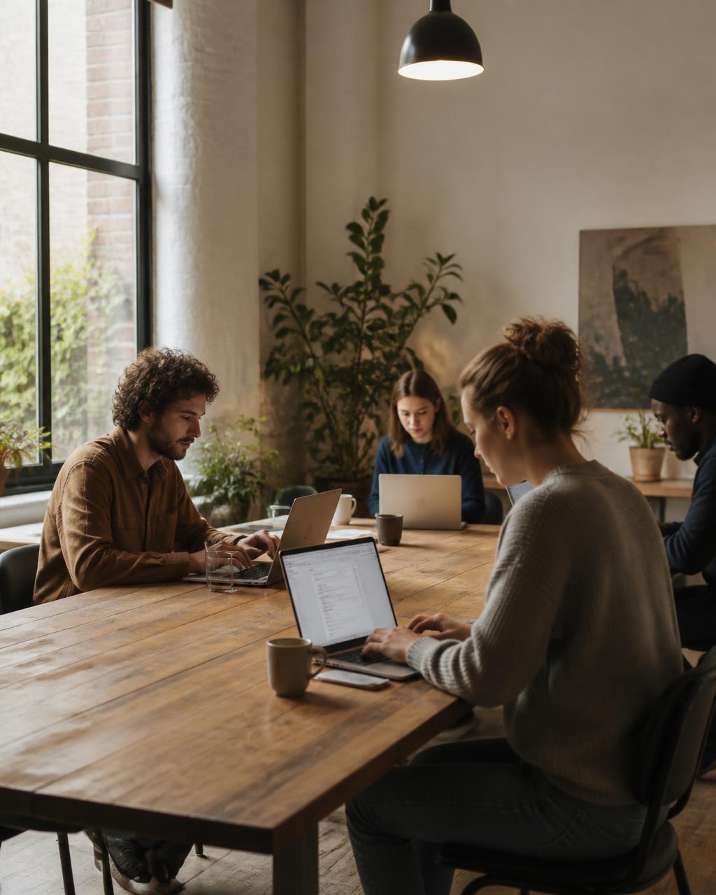 Independent professionals working on laptops in a bright shared workspace