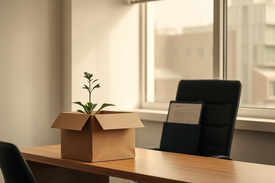 A cardboard box with a plant on an empty office desk