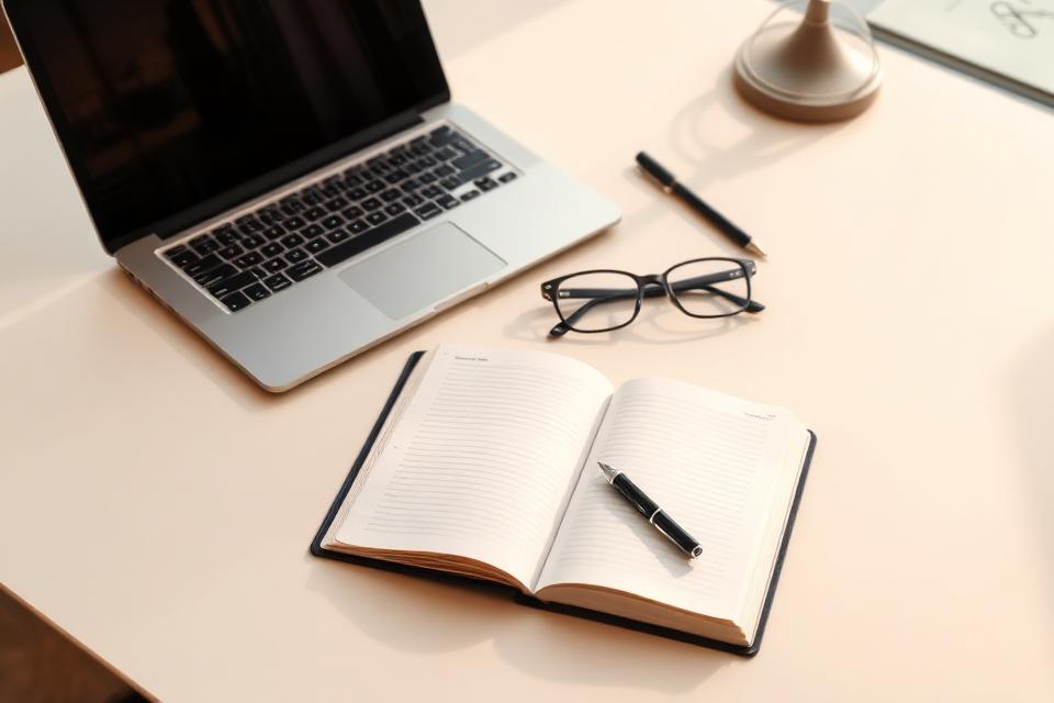 An open notebook, pen and glasses beside a laptop on a bright desk